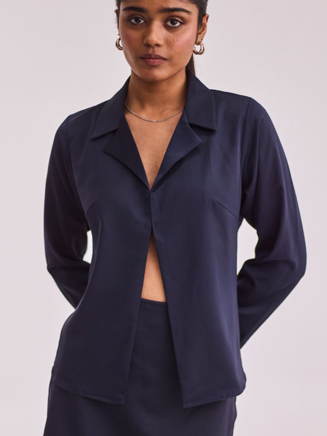 

Urban Suburban Women Satin Shirt Style Top, Navy blue