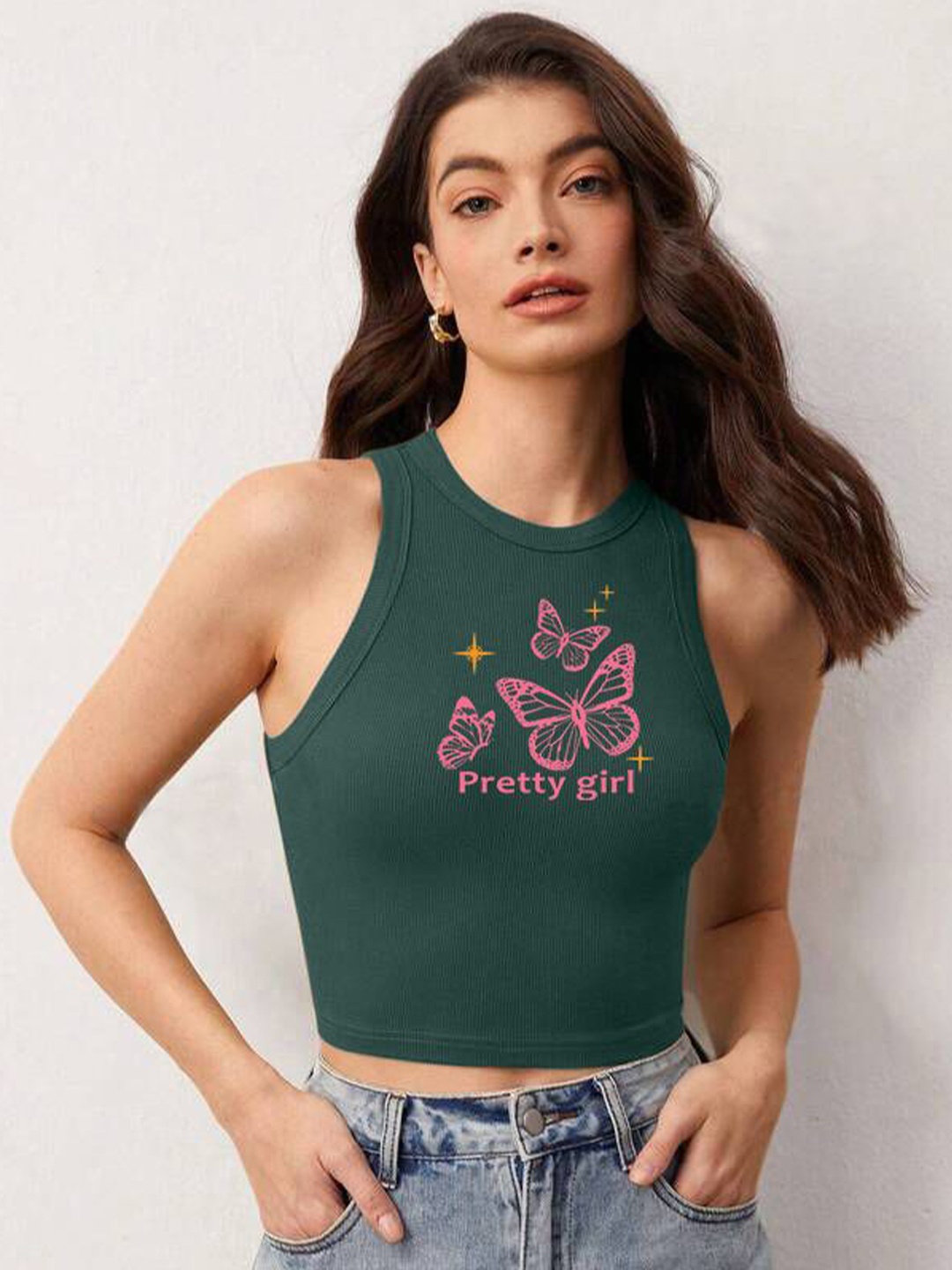 

The Roadster Lifestyle Co Printed Sleeveless Stretchable Crop Top, Green