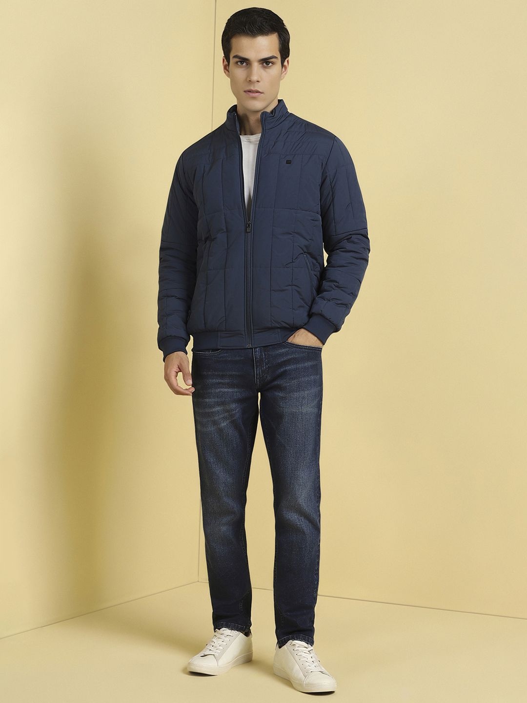 

Allen Solly Men Stand Collar Striped Casual Padded Jacket, Navy blue
