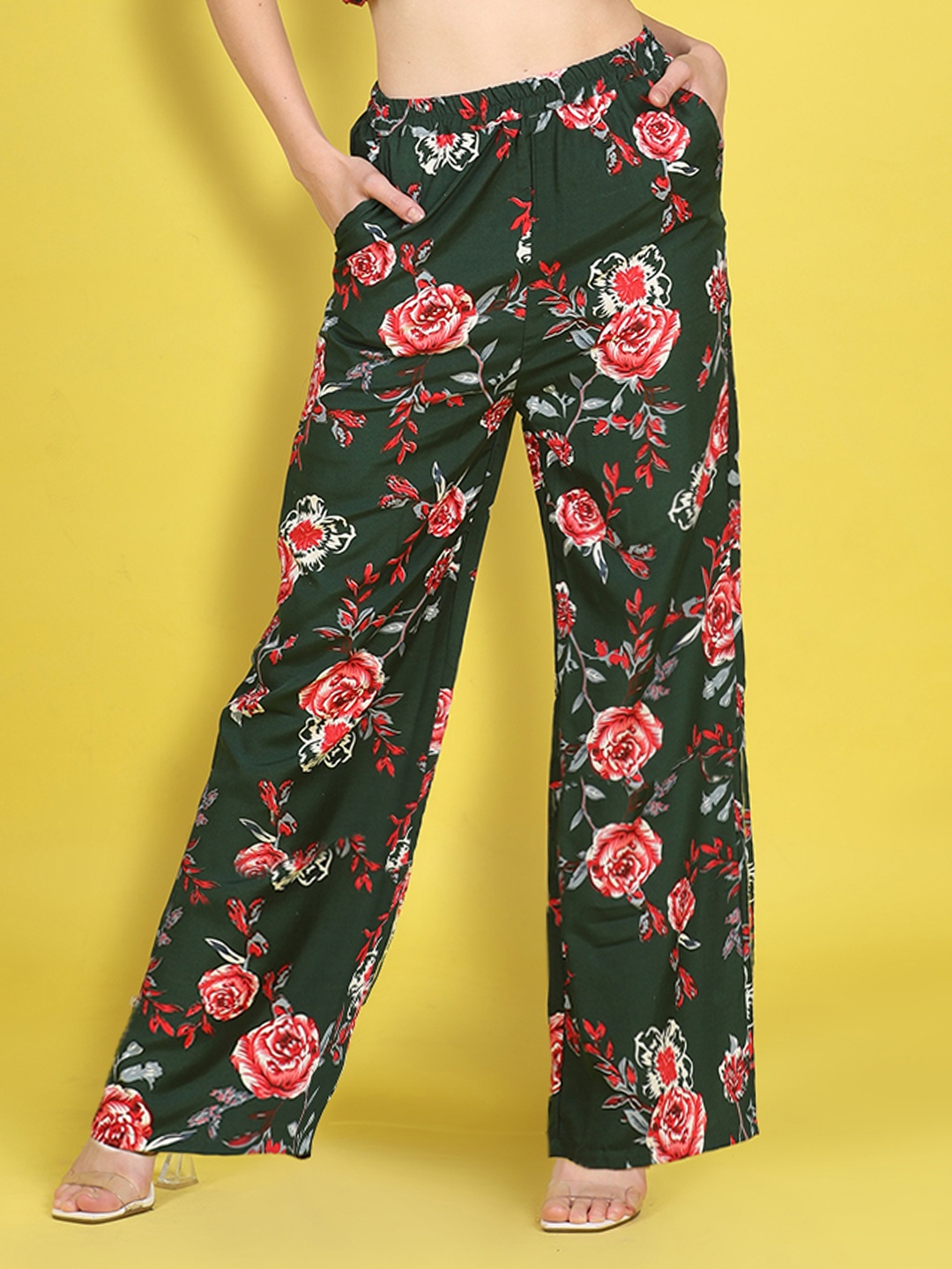 

Cutiekins Girls Floral Printed Knitted Palazzos, Green