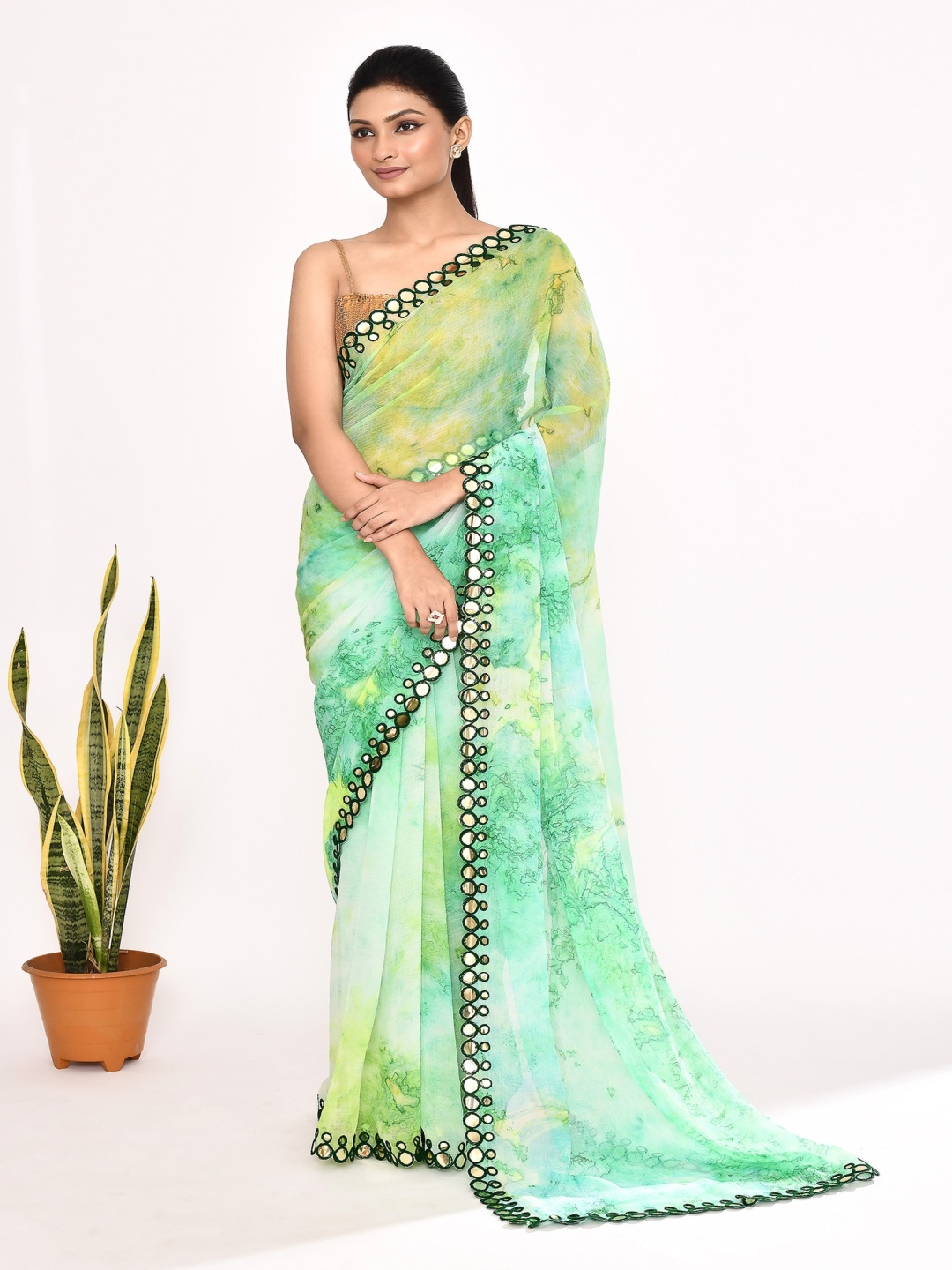 

Manu Designer Tie and Dye Beads and Stones Pure Chiffon Saree, Green