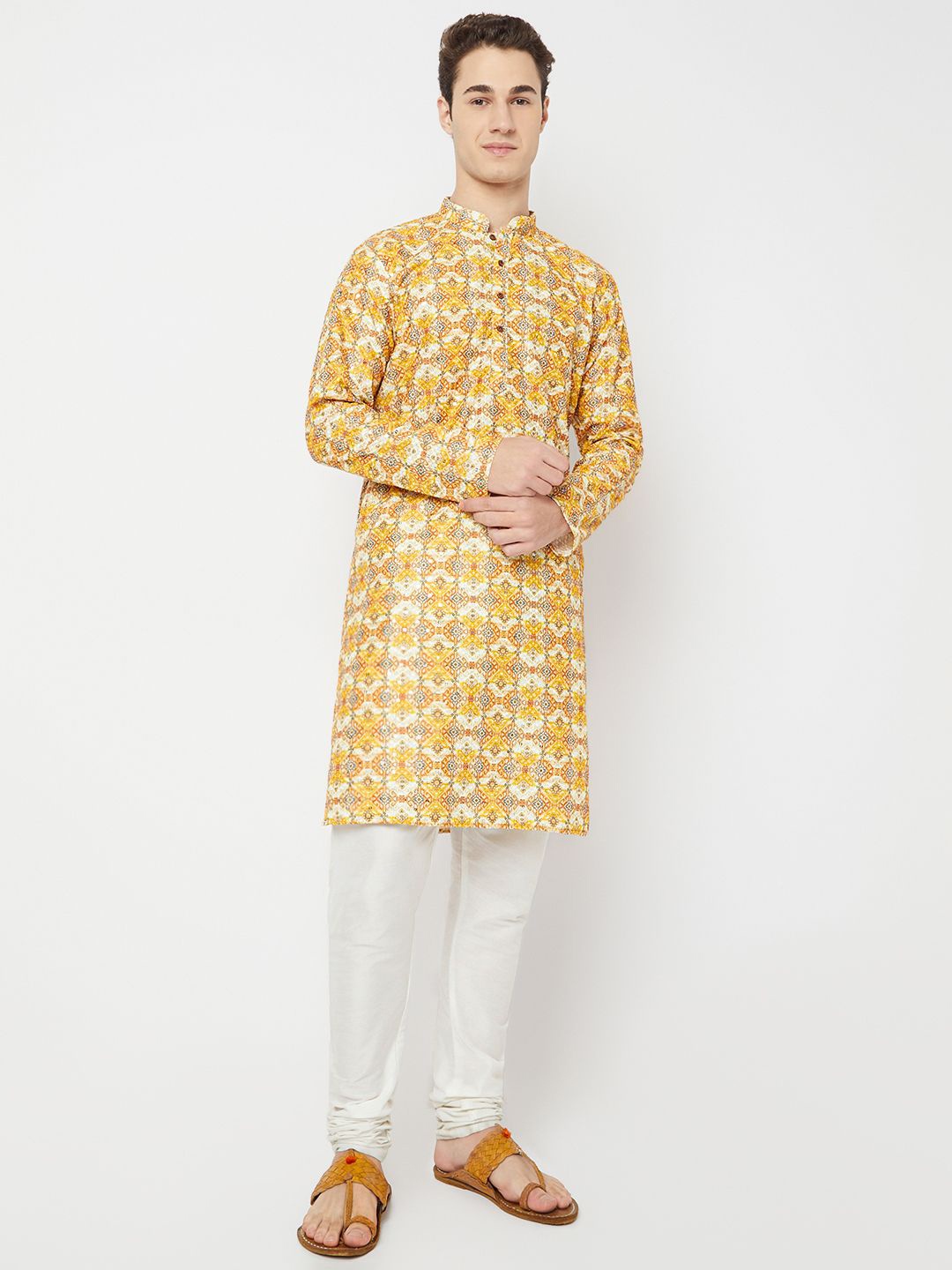 

BELLAZO Ethnic Motifs Printed Mandarin Collar Straight Kurta, Yellow