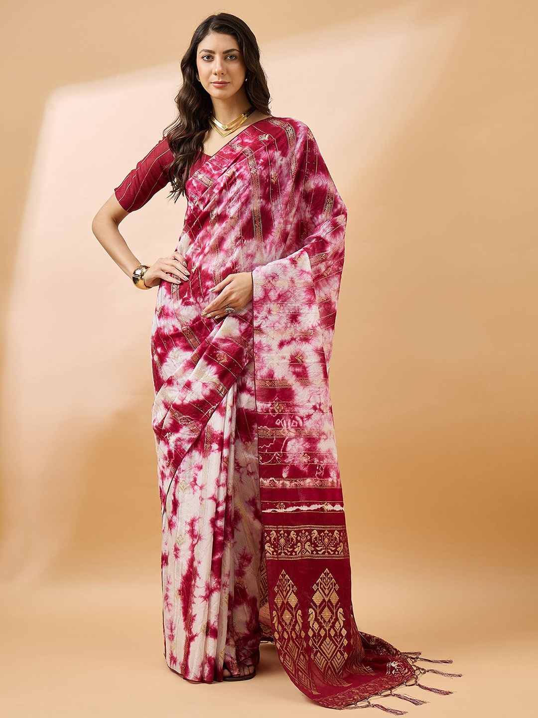 

KALINI Tie and Dye Zari Saree, Magenta