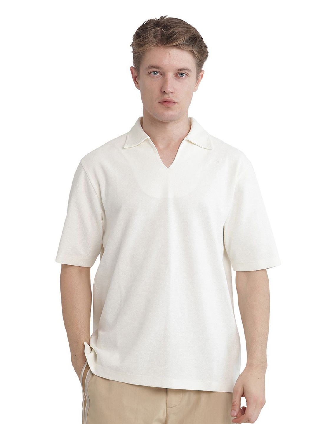 

RARE RABBIT Men Solid Polo Collar Cotton Oversized T-shirt, Off white