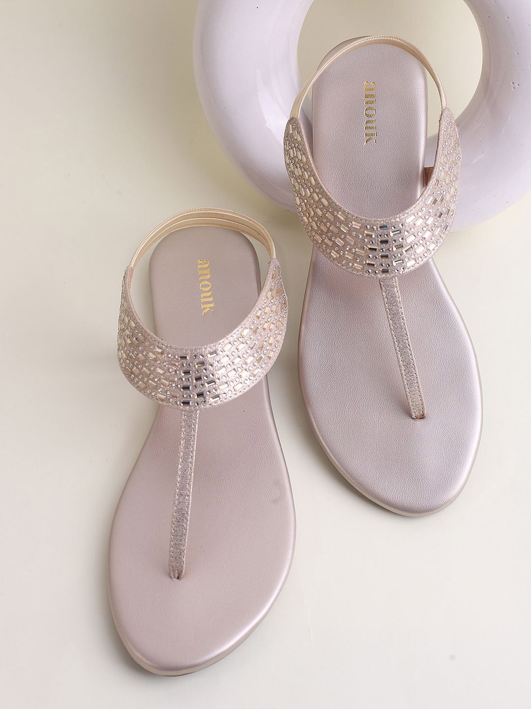 

Anouk Women Embellished Ethnic T-Strap Flats, Beige
