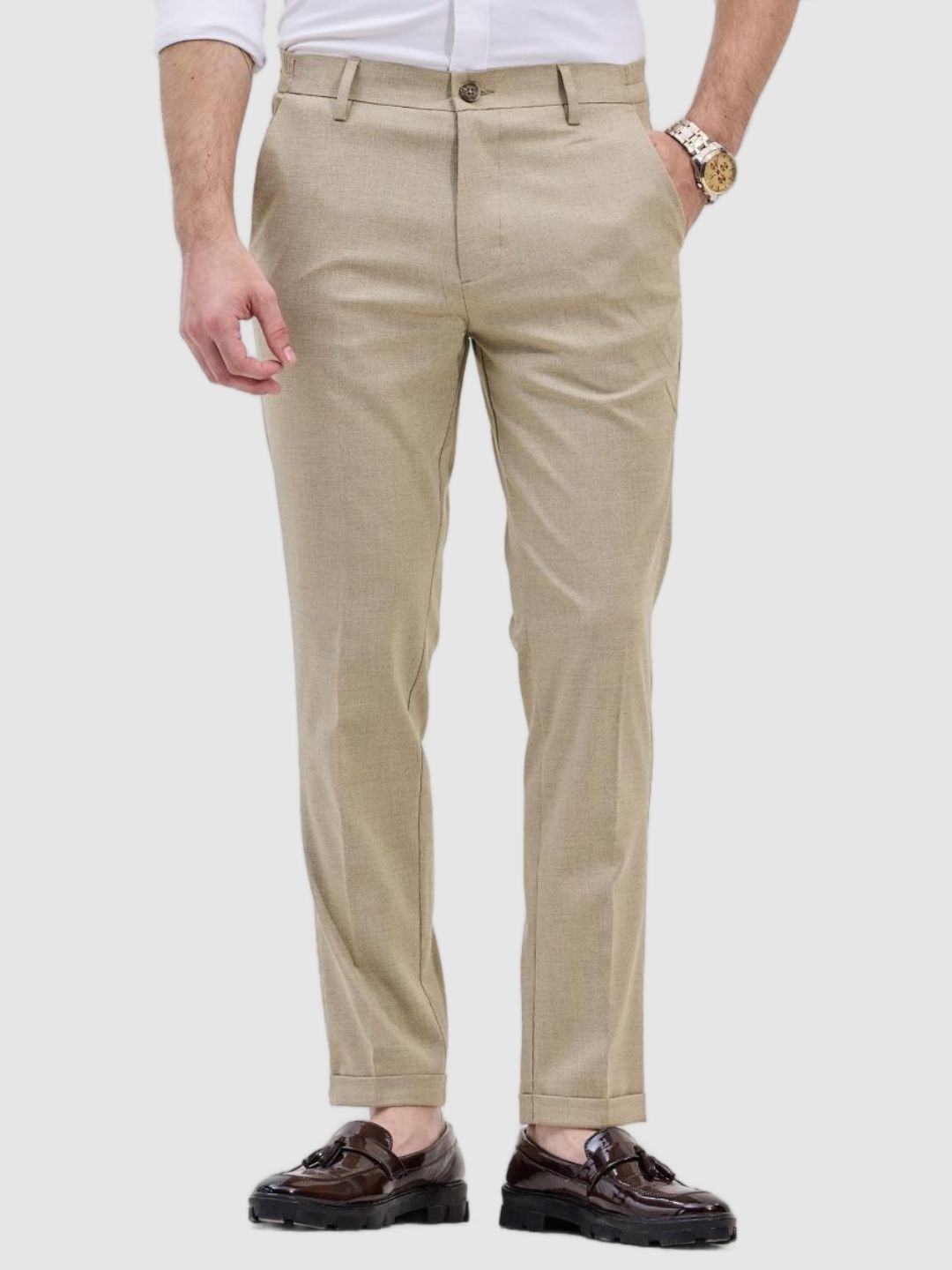 

Snitch Men Smart Slim Fit Mid-Rise Trousers, Beige