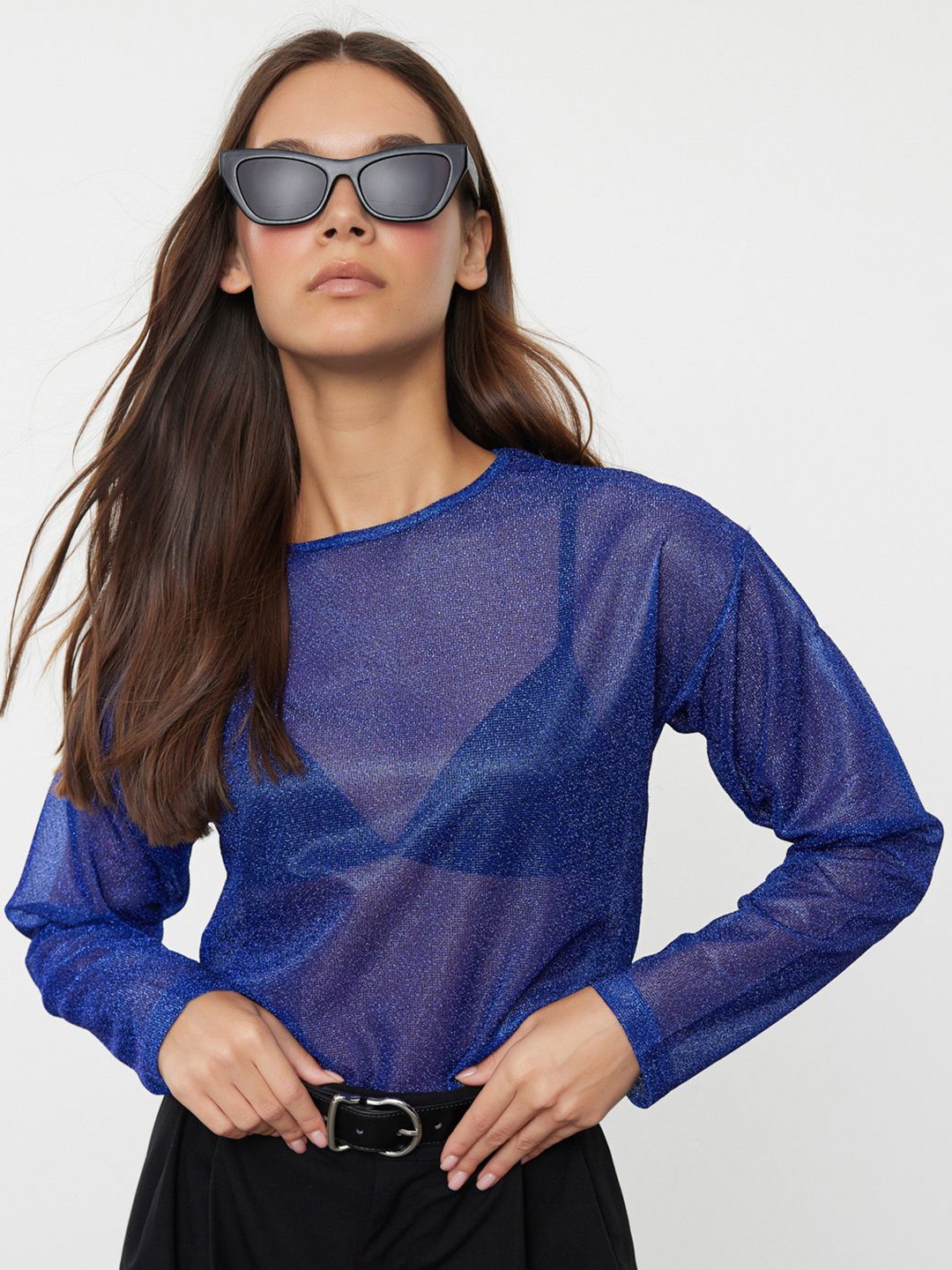 

Trendyol Women Round Neck Long Sleeves Sheer Top, Blue