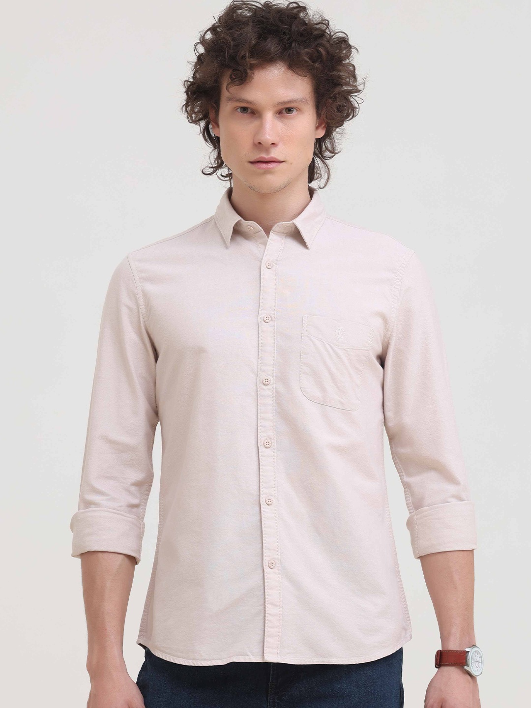 

Grit and Flair Men Comfort Regular Fit Spread Collar Solid Cotton Casual Shirt, Off white