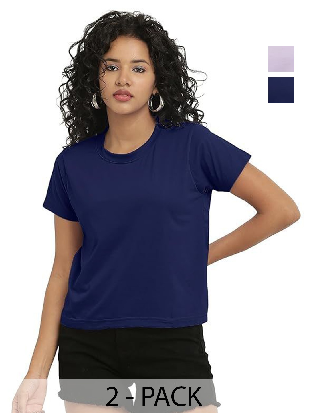 

NOTWILD Women Pack Of 2 Solid Round Neck Cotton T-shirts, Navy blue