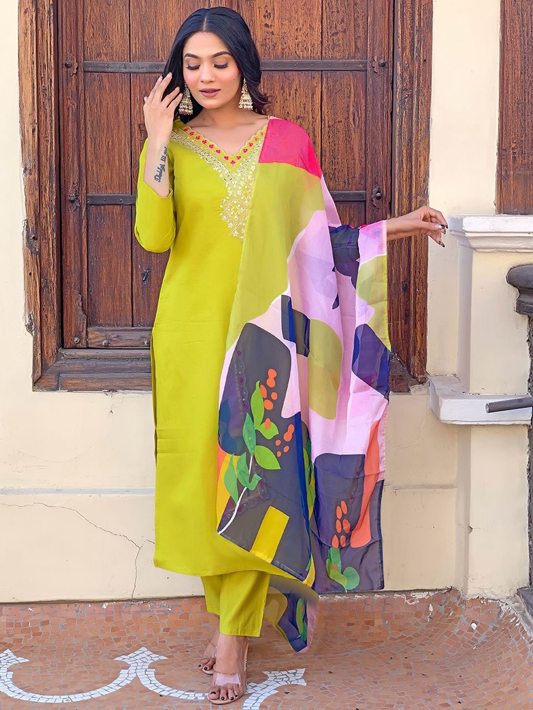 

Fashion Care Navlik Floral Embroidered V-Neck Straight Kurta With Trousers & Dupatta, Lime green