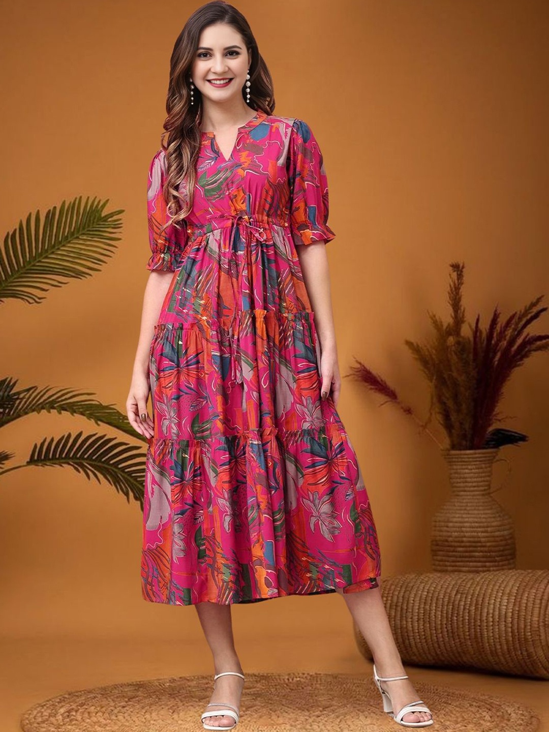 

DEKLOOK Women Mandarin Collar Cotton Fit & Flare Midi Dress, Pink