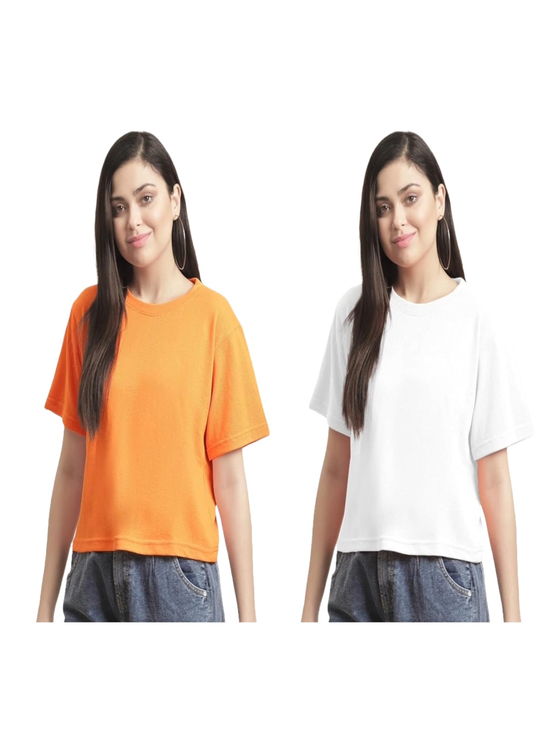 

NOTWILD Women Pack Of 2 Solid Round Neck Cotton Boxy T-shirts, Orange