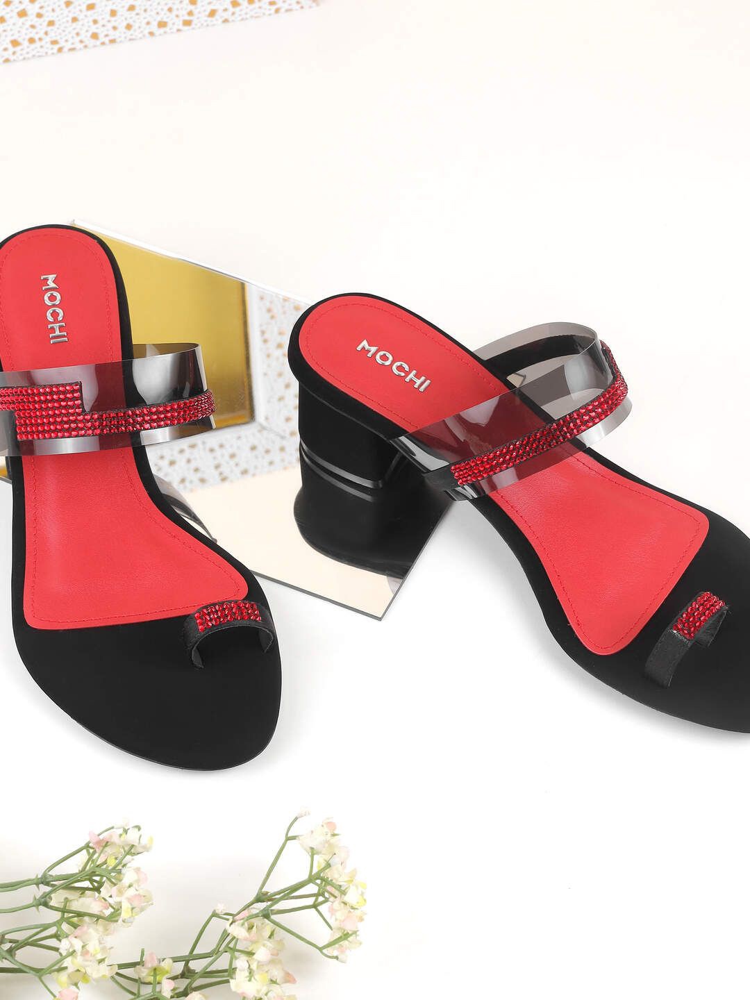 

Mochi Embellished Platform Sandals with Buckles, Red