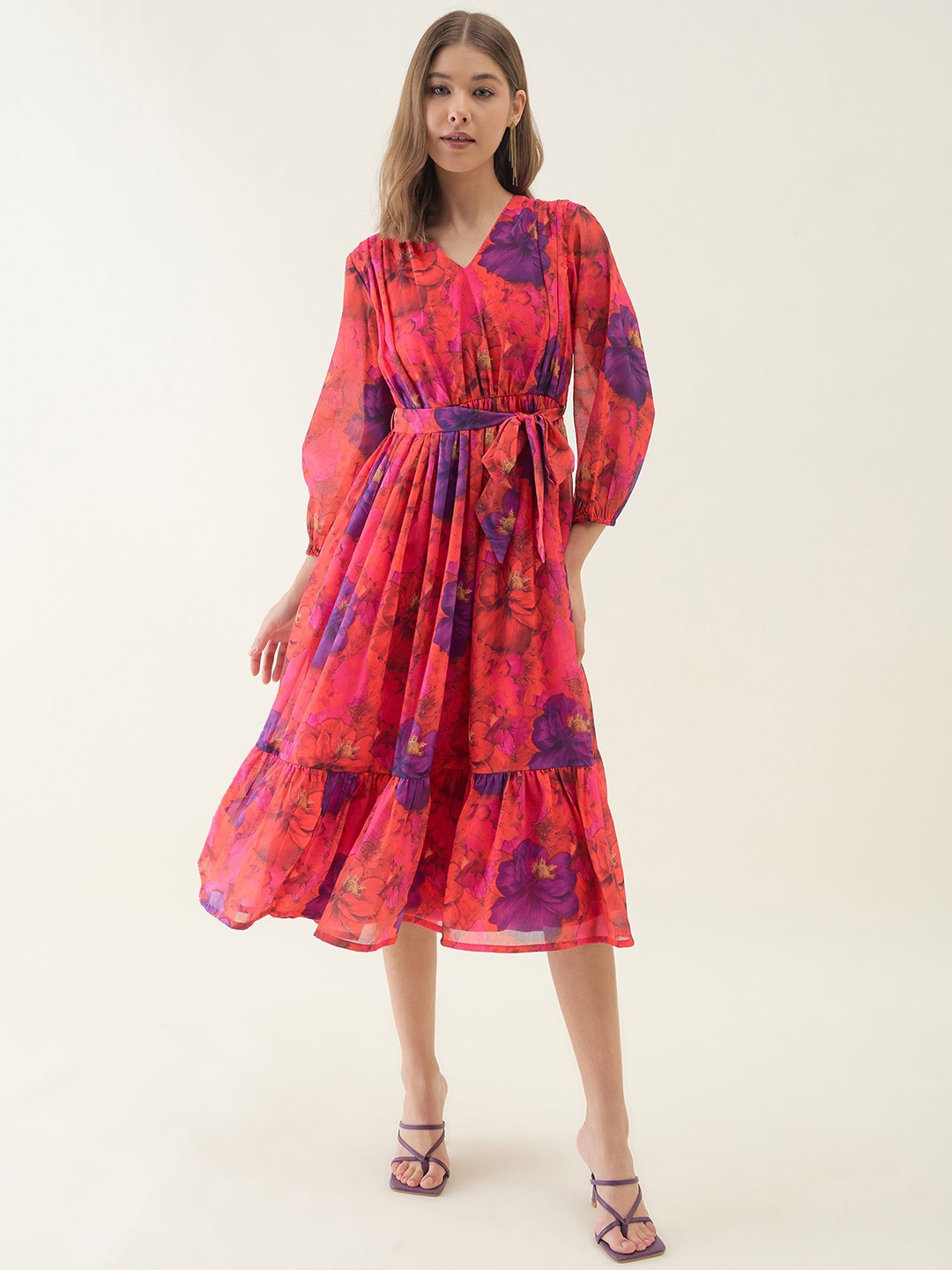 

OCTICS Floral Print Puff Sleeve Georgette Fit & Flare Maxi Dress, Red