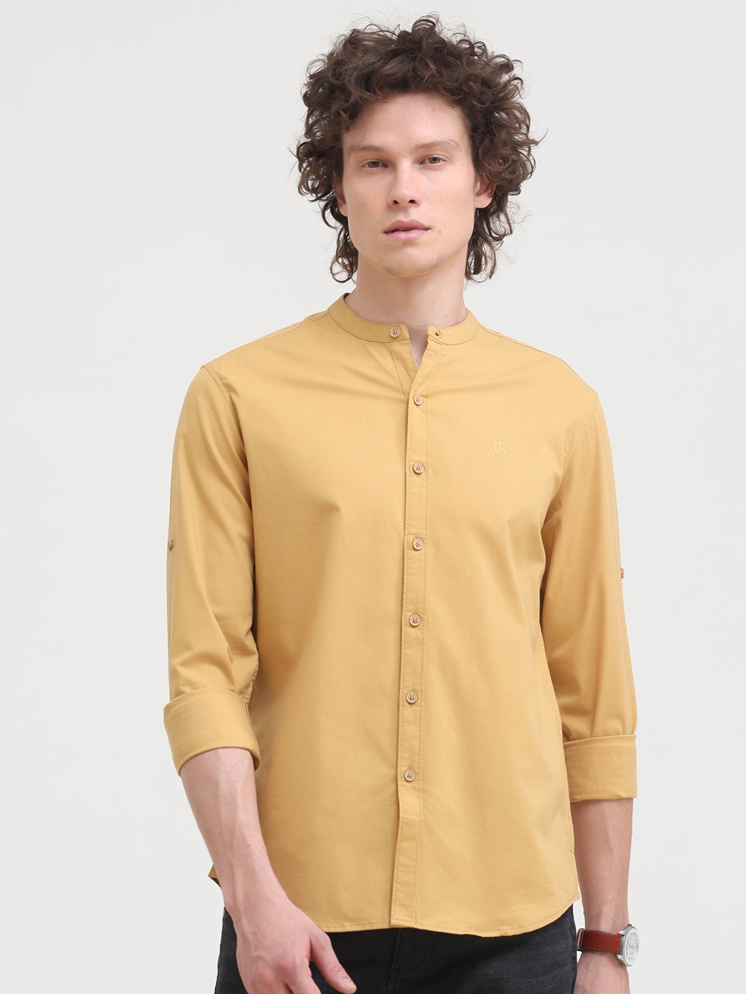 

Grit and Flair Men Comfort Fit Band Collar Solid Cotton Casual Shirt, Yellow