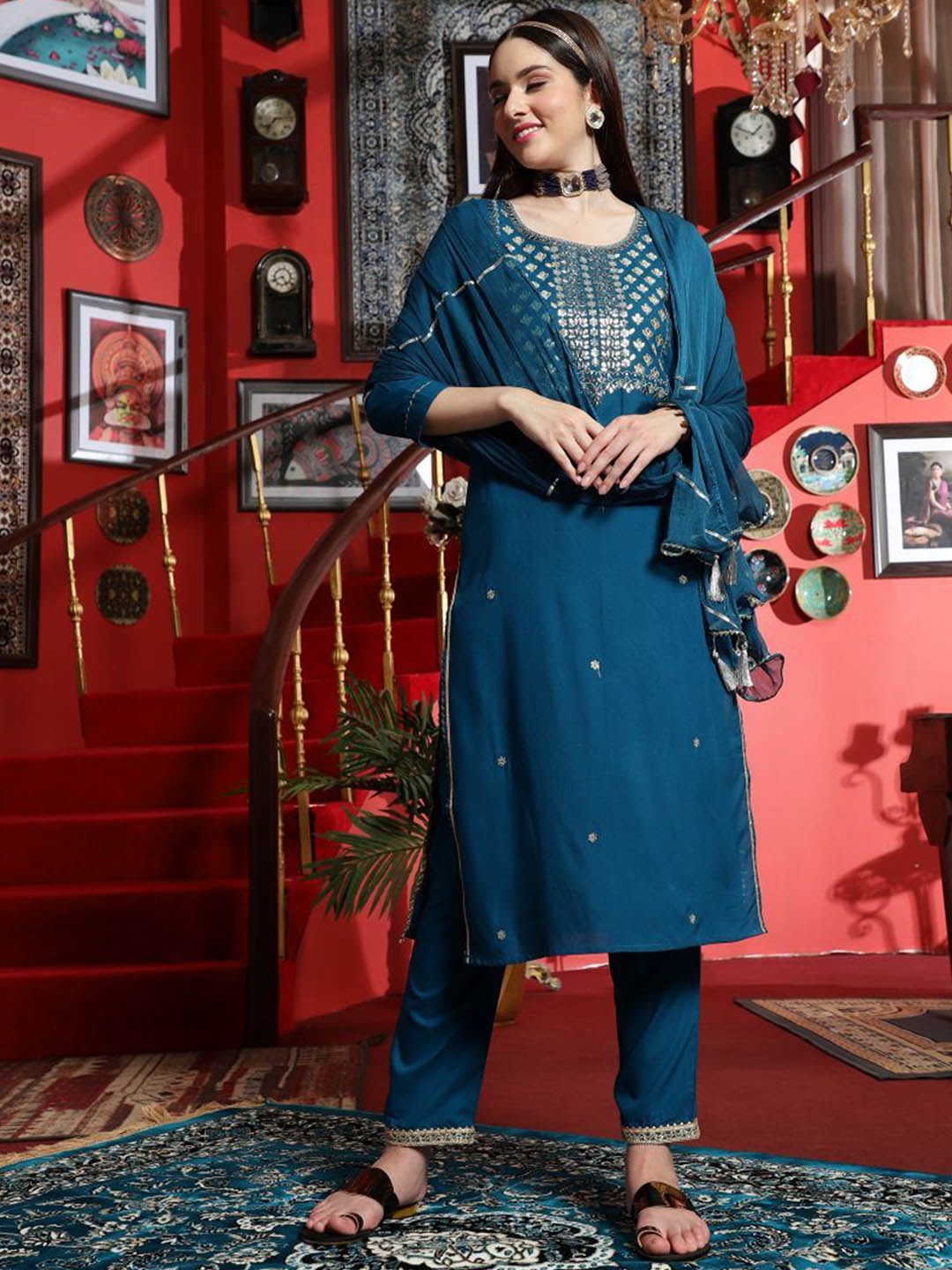 

Sangria Teal Floral Embroidered Gota Patti Straight Kurta With Trousers & Dupatta