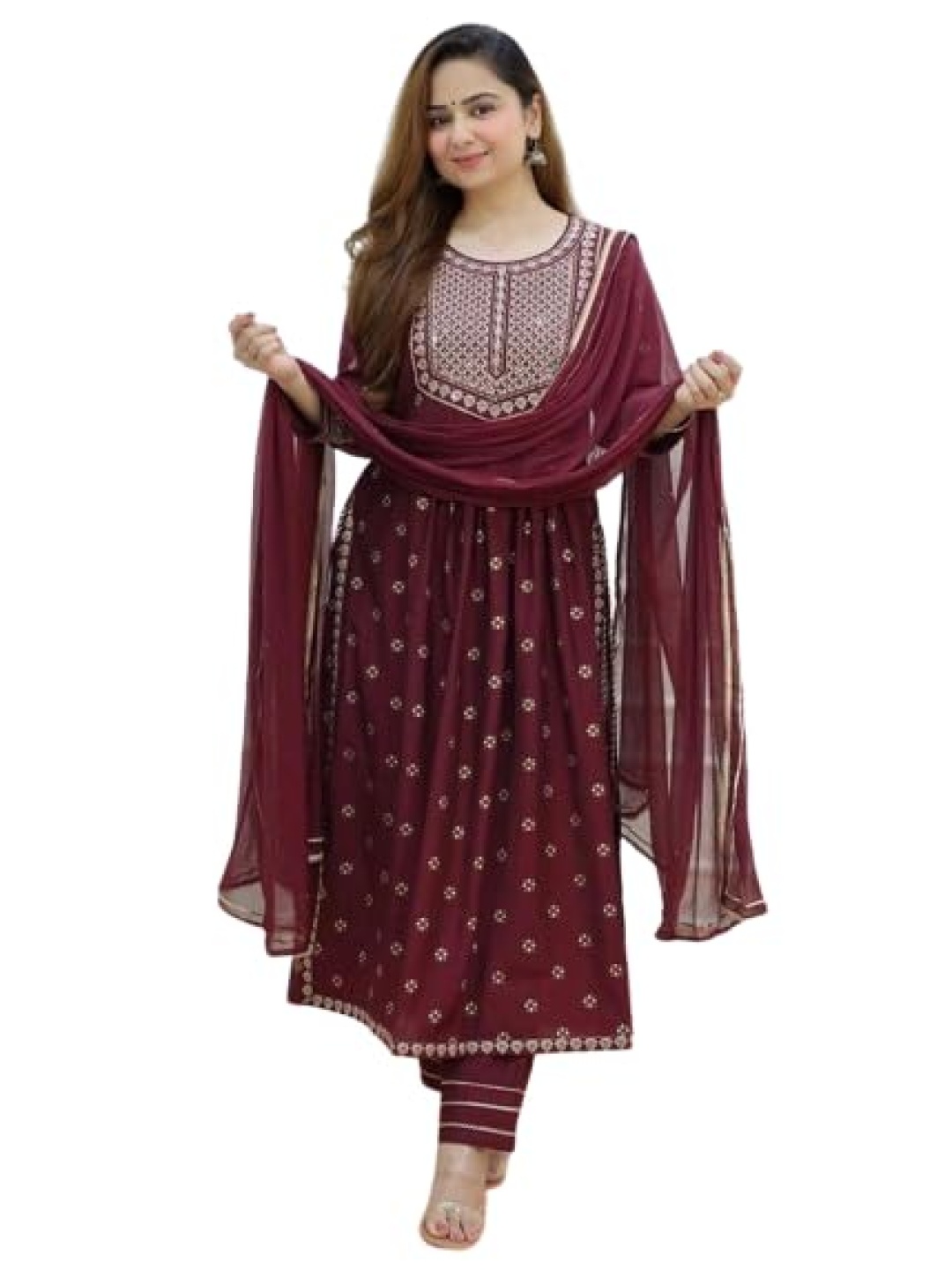 

13-Star Ethnic Motifs Slit Sleeve Fit & Flare Midi Dress, Maroon