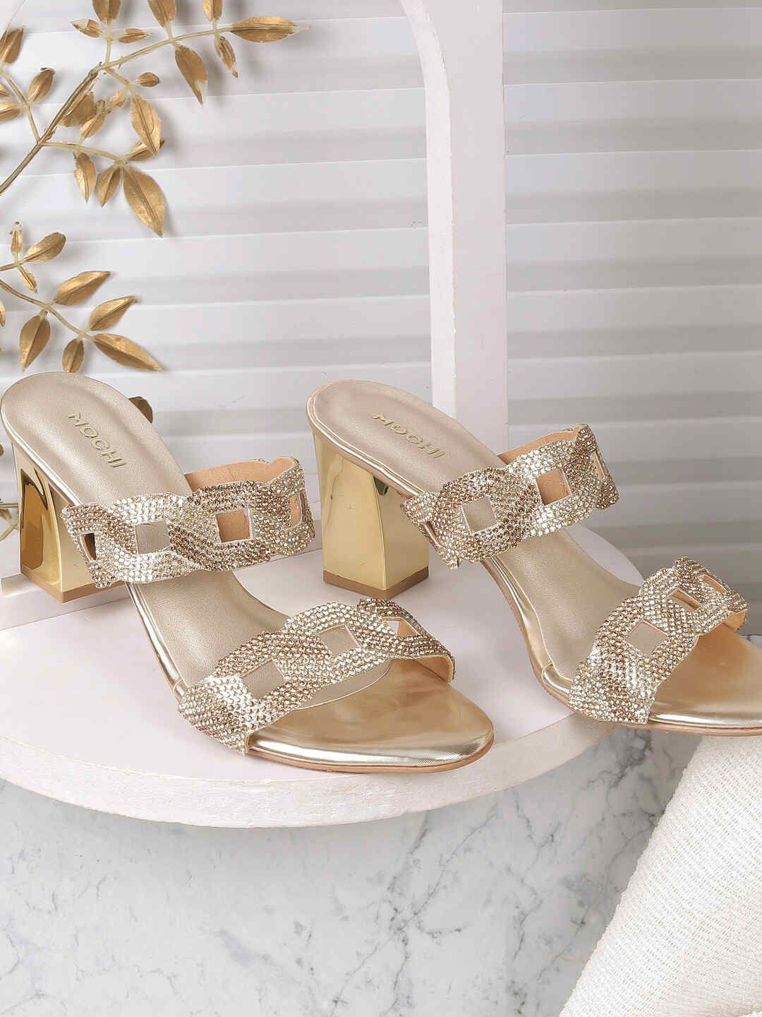 

Mochi Women Embellished Block Heel Sandals, Gold