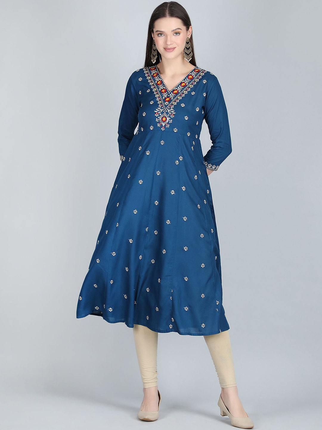 

ANANDITA Floral Embroidered V Neck Sequinned Anarkali Kurta, Blue
