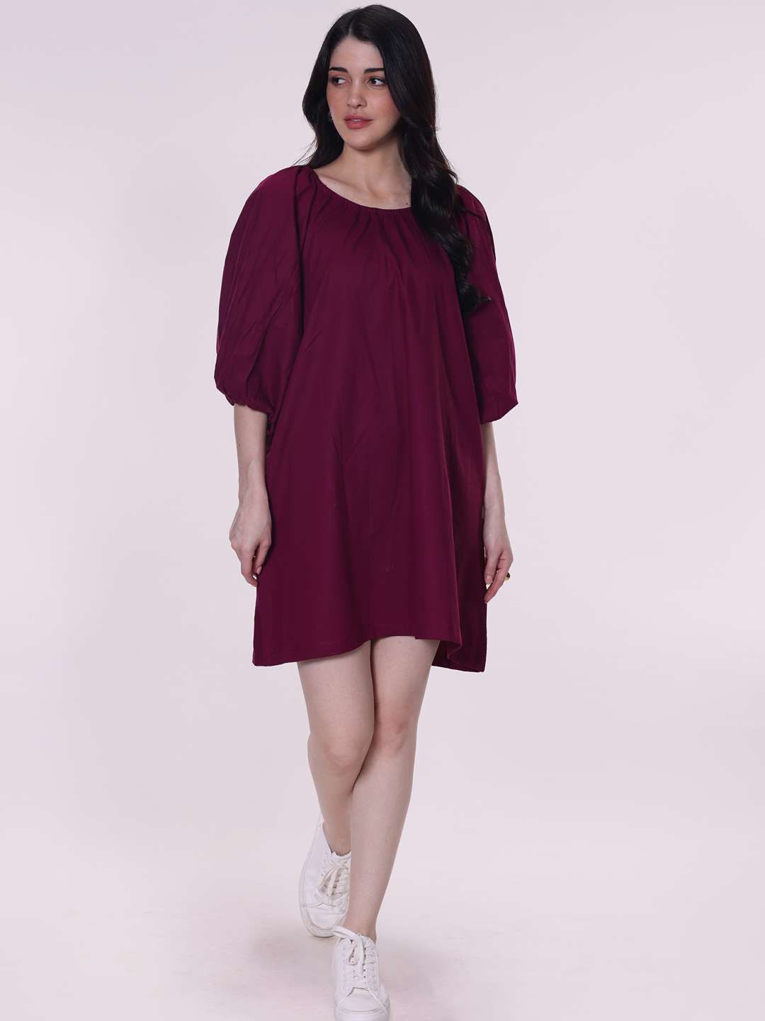 

POPPI Women Cotton Puff Sleeves Purple Loose Fit Mini Dress