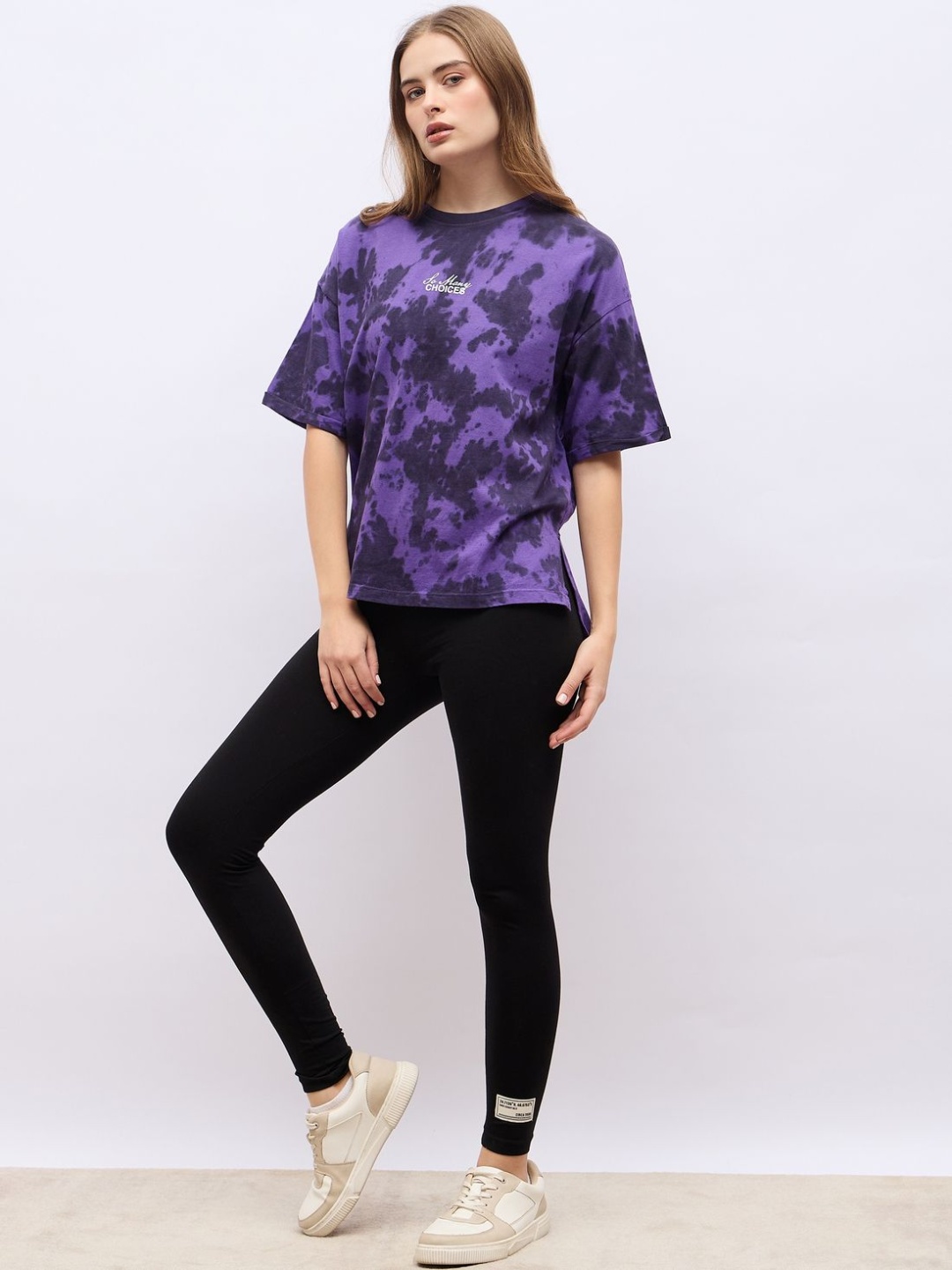 

Styli Tie Dye Oversized Fit Longline Tee with Leggings Co-Ords Set, Purple