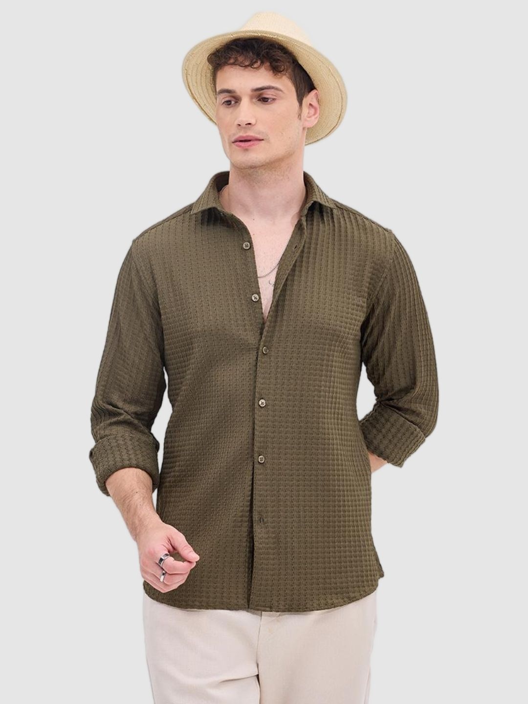 

Snitch Men Smart Fit Spread Collar Textured Casual Shirt, Olive