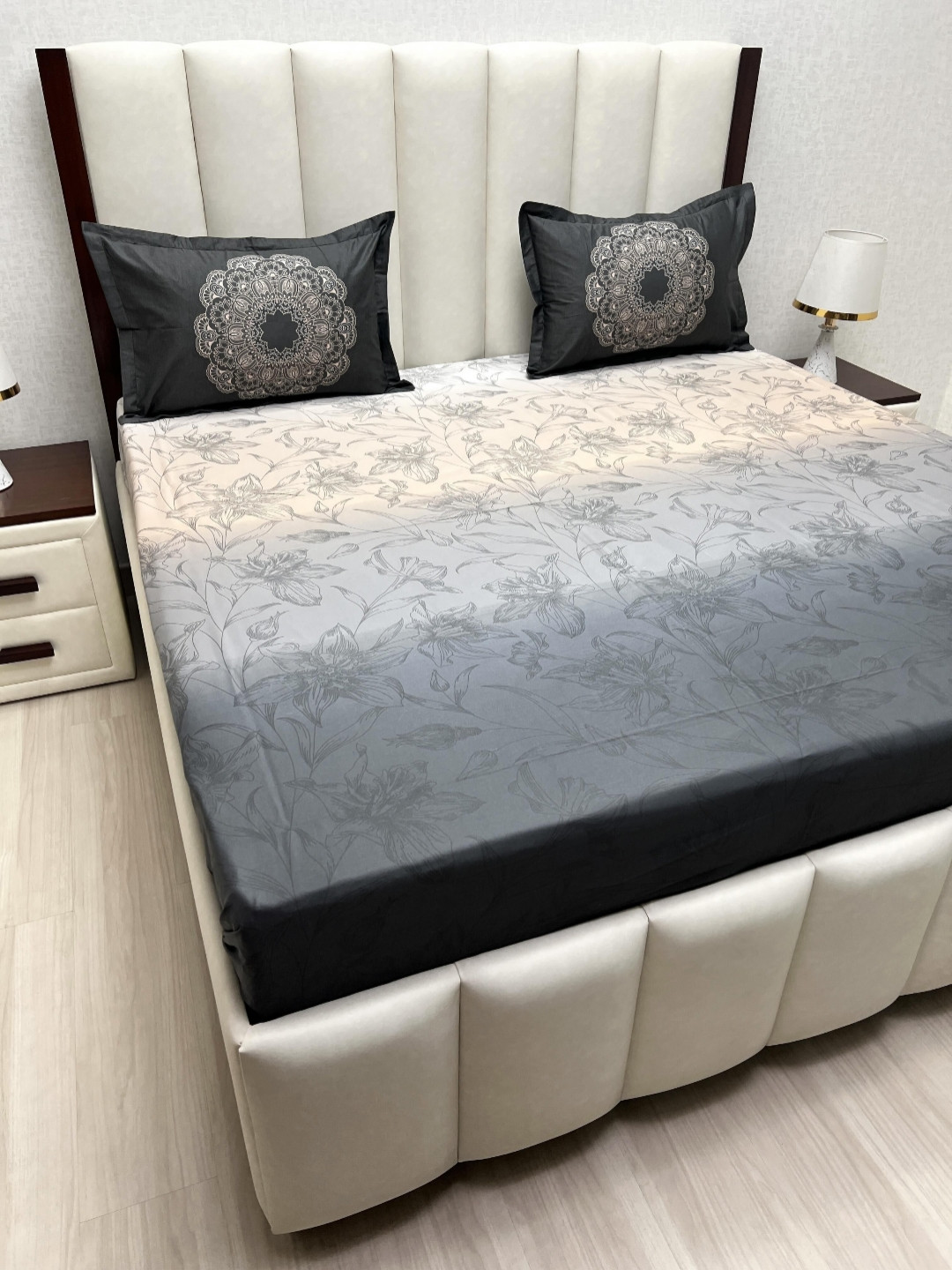 

Pure Decor Royal Majestic White Floral Pure Cotton 500 TC King Bedsheet Set 2.74m x 2.74m, Grey