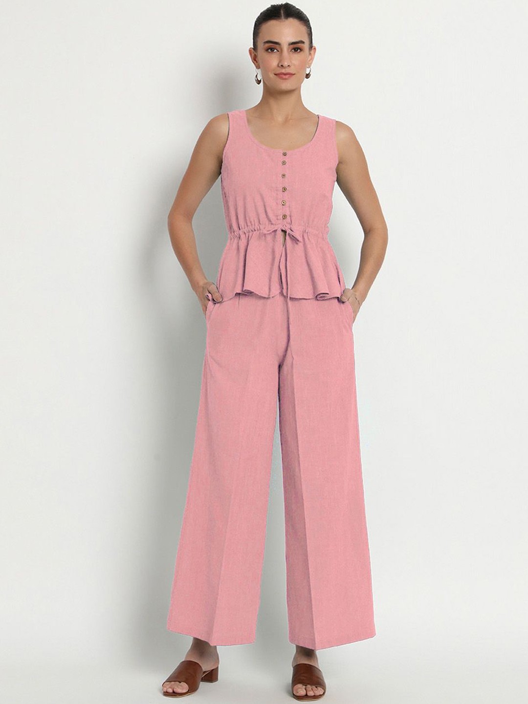 

Thevasa Round Neck Pure Cotton Sleeveless Peplum Top And Palazzos, Pink