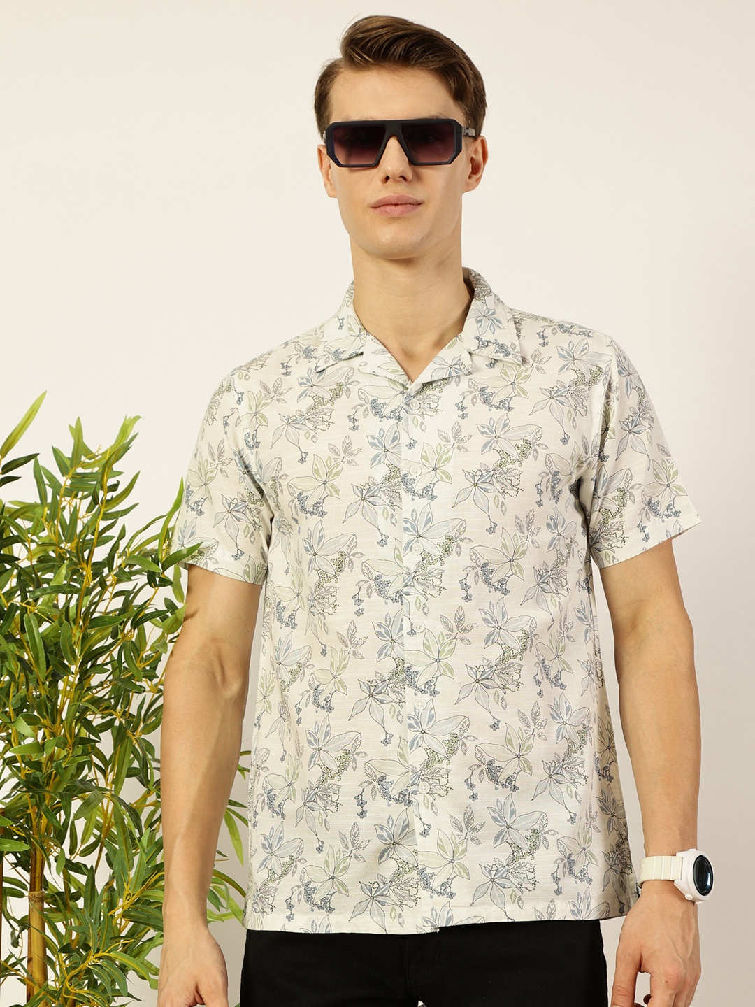 

Mast & Harbour Men Cuban Collar Floral Printed Cotton Casual Shirt, Off white