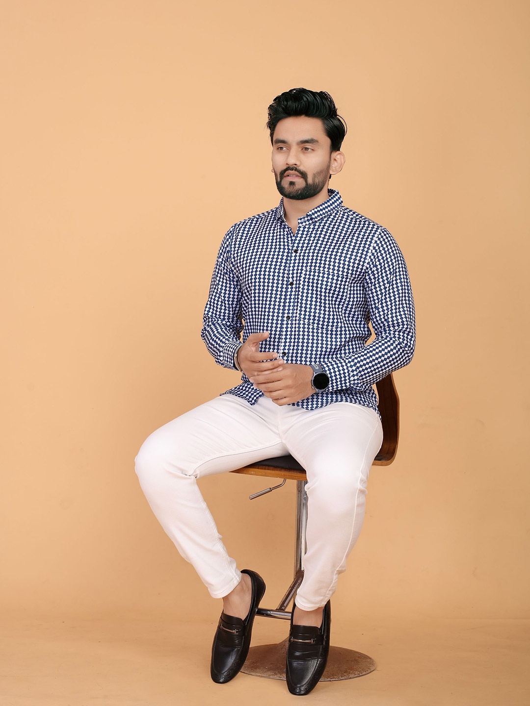 

STI Men Classic Fit Spread Collar Gingham Checked Formal Shirt, Navy blue