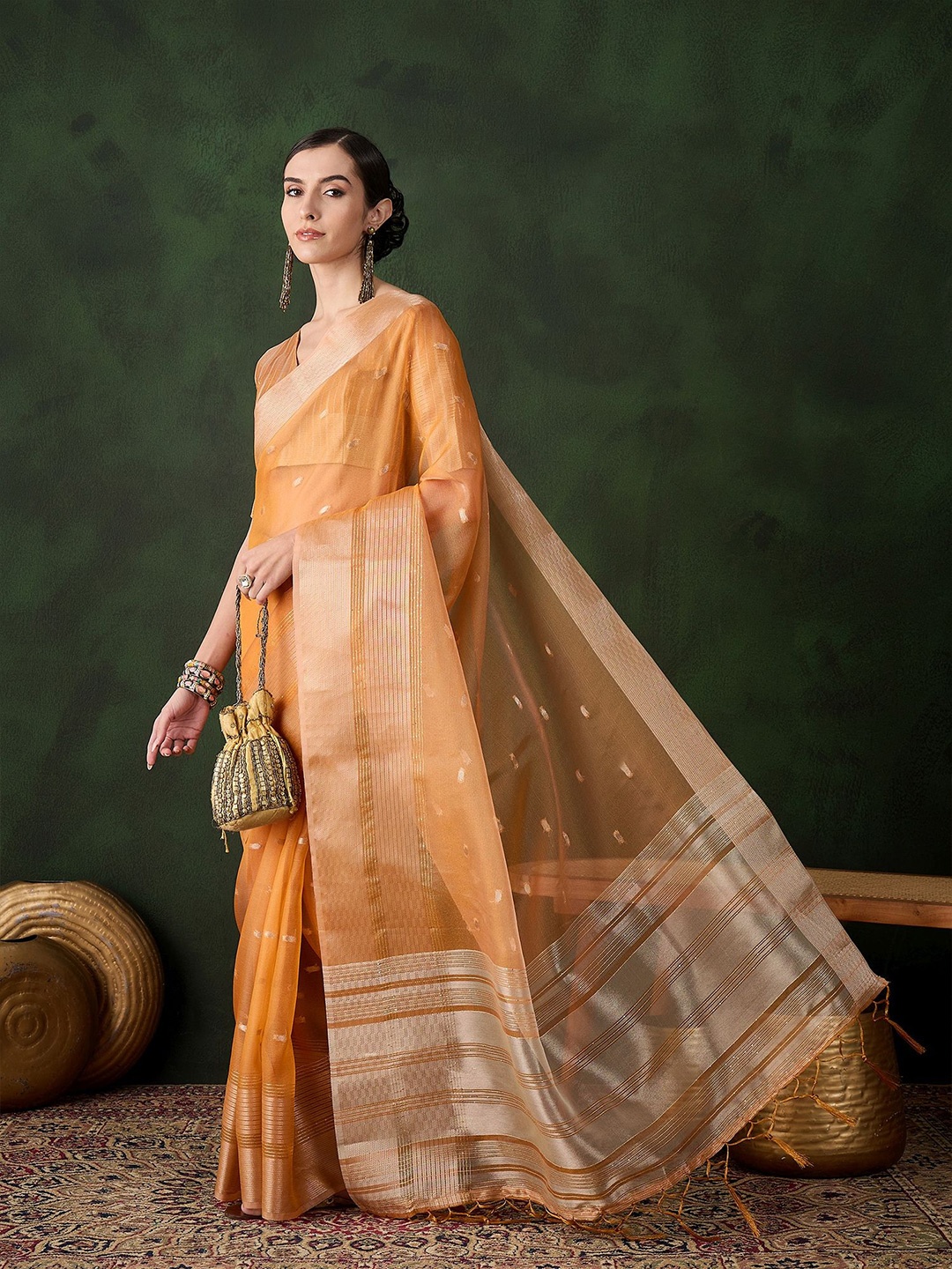 

KIMISHA Woven Design Zari Organza Kanjeevaram Saree, Orange