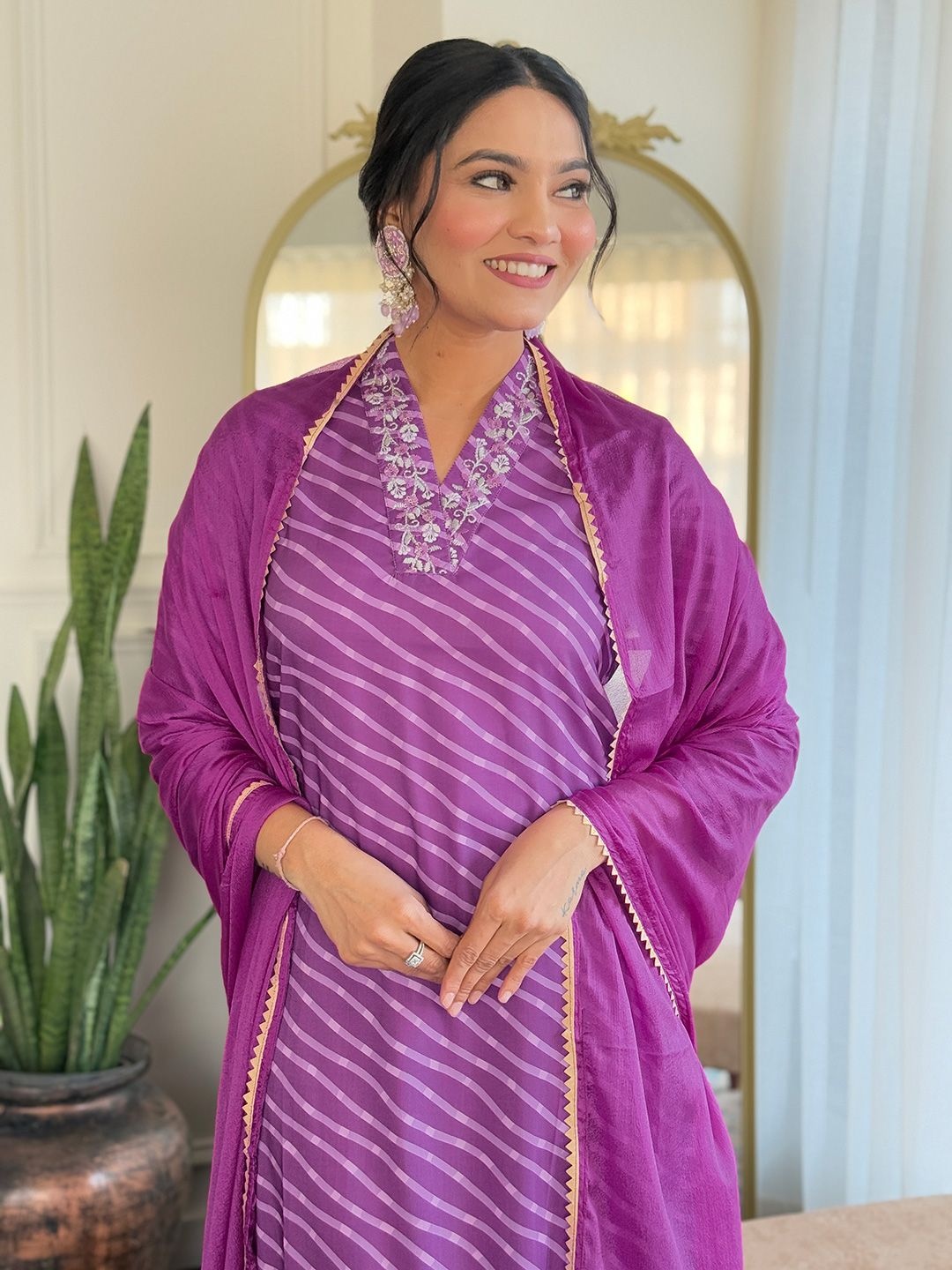 

KAUTIK FABRICS Leheriya Printed Thread Work Chanderi Silk Kurta With Trousers And Dupatta, Purple