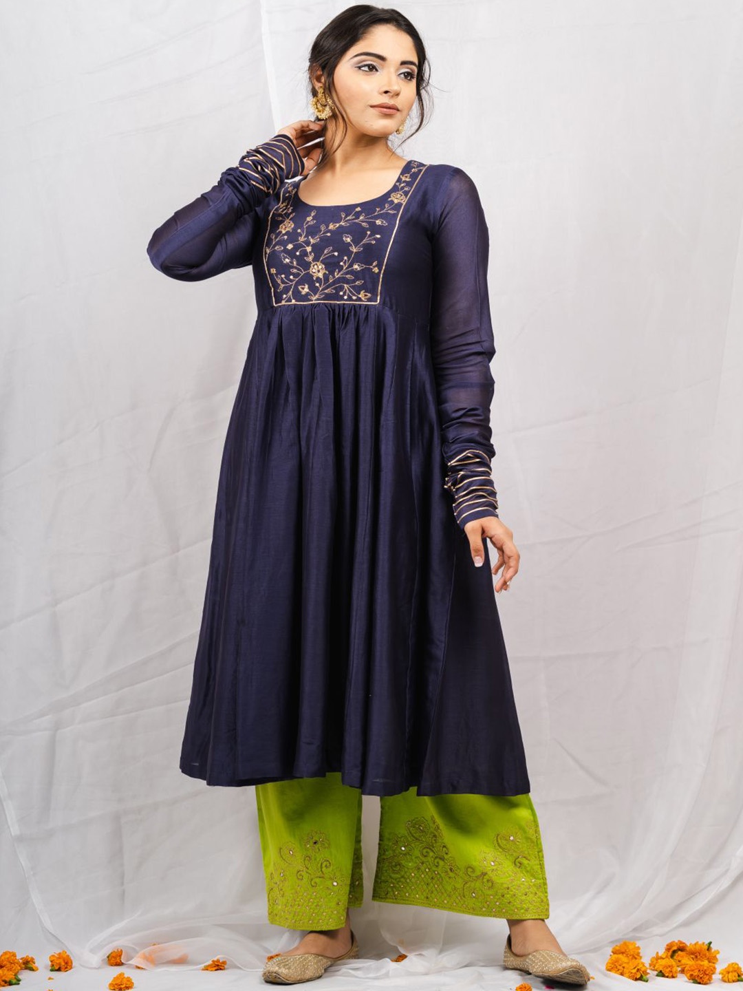 

Tapestry Women Embroidered Panelled Chanderi Silk Kurta with Palazzos & With Dupatta, Navy blue
