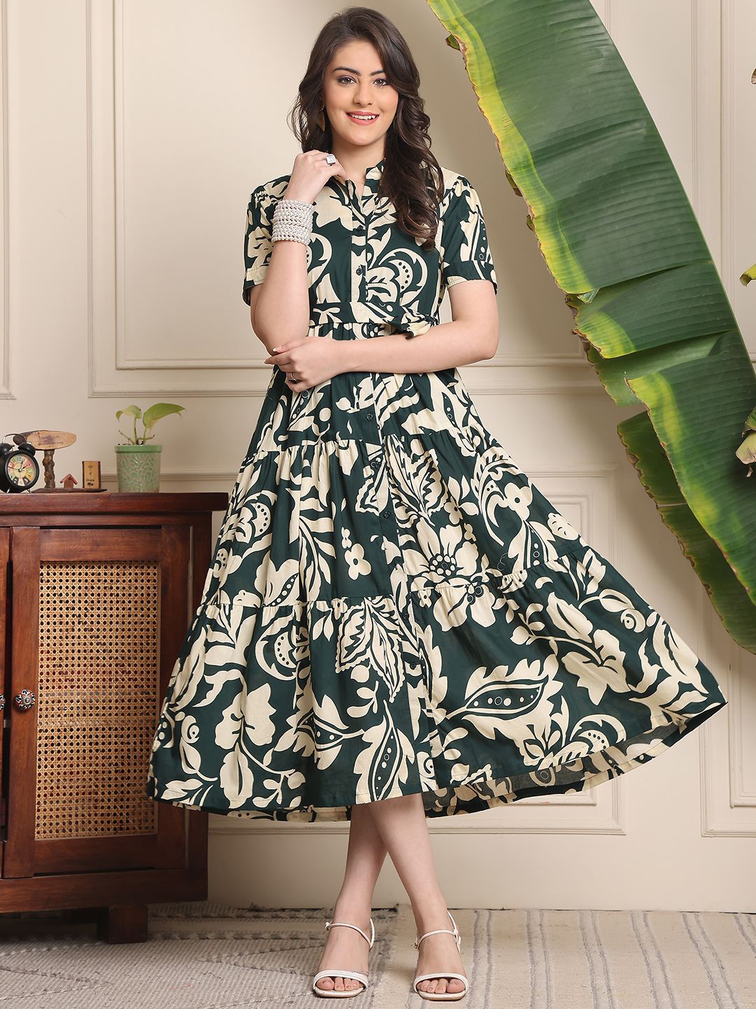

Claura Floral Print Pure Cotton A-Line Midi Dress, Green
