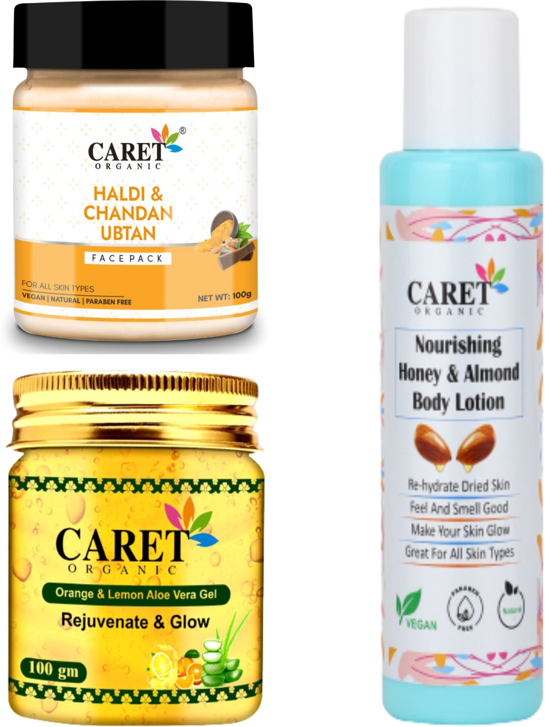 

CARET ORGANIC Set Of 3 Haldi Chandan Facepack - Orange Gel & Honey Body Lotion-100 g Each, Multi