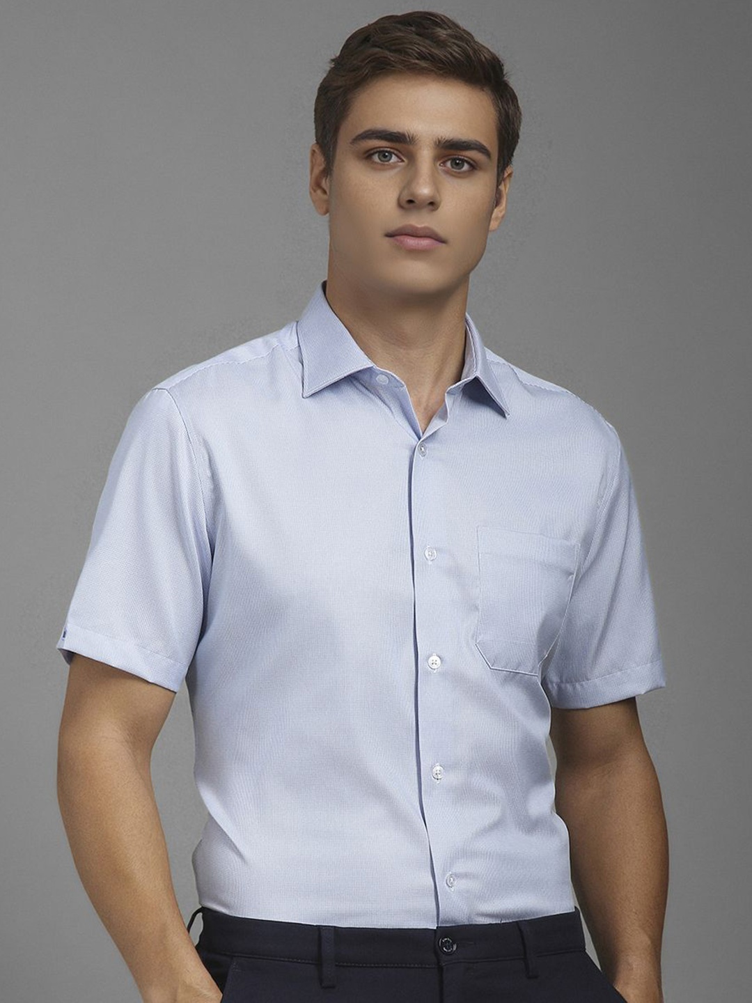 

Louis Philippe Men Classic Fit Spread Collar Textured Cotton Formal Shirt, Blue