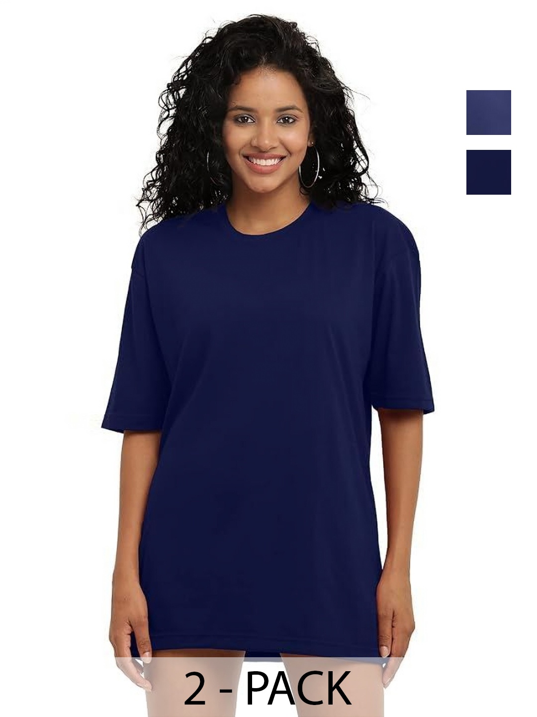 

NOTWILD Women Pack Of 2 Solid Round Neck Cotton T-shirts, Navy blue