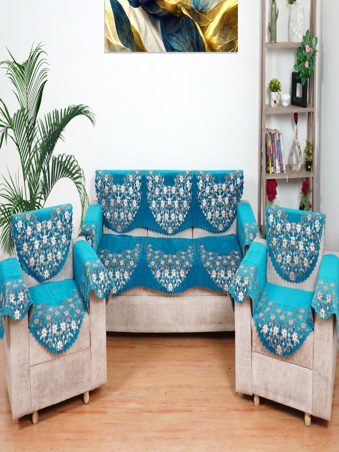

Fashion Throw Turquoise Blue & White Printed Jacquard Sofa Cover With Arms