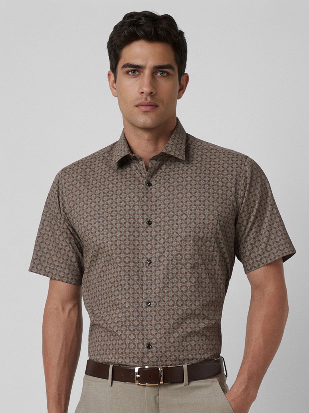

Van Heusen Men Spread Collar Abstract Printed Cotton Formal Shirt, Brown
