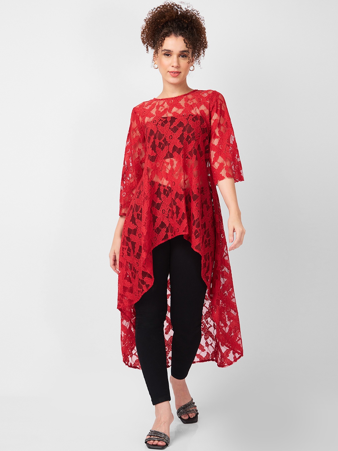 

Iti Women Floral Print Lace High-Low Longline Top, Red