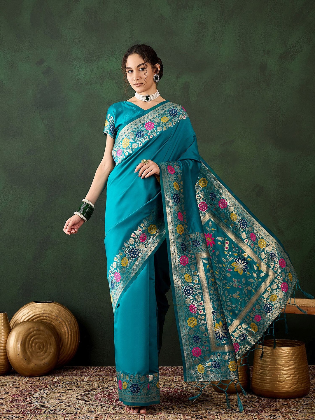 

KIMISHA Women Floral Zari Banarasi Saree, Blue