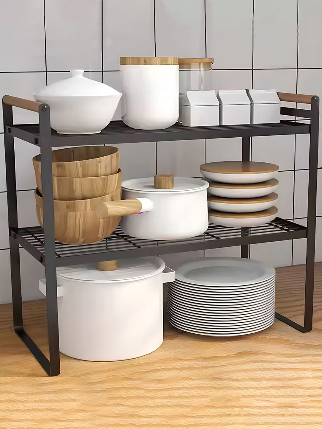 

DecorTwist Black 2 Tier Metal Cabinet Organizer Kitchen Storage Rack with Wooden Handles