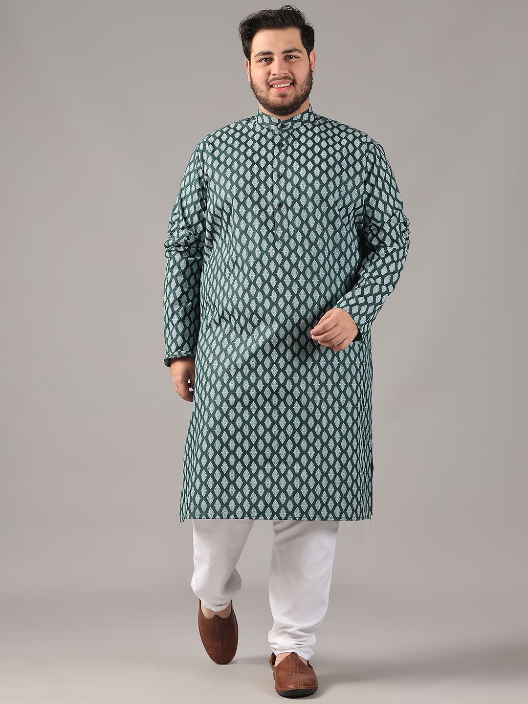 

SOJANYA PLUS Size Ethnic Motifs Printed Band Collar Straight Kurta, Green