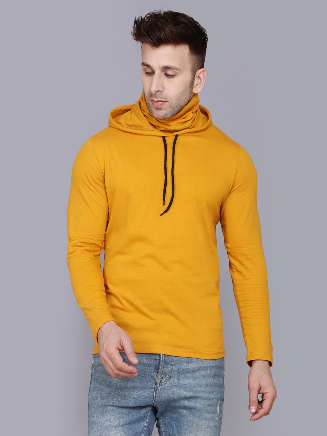 

WOOSTRO Men Solid Hooded Slim Fit T-shirt with Mask, Mustard