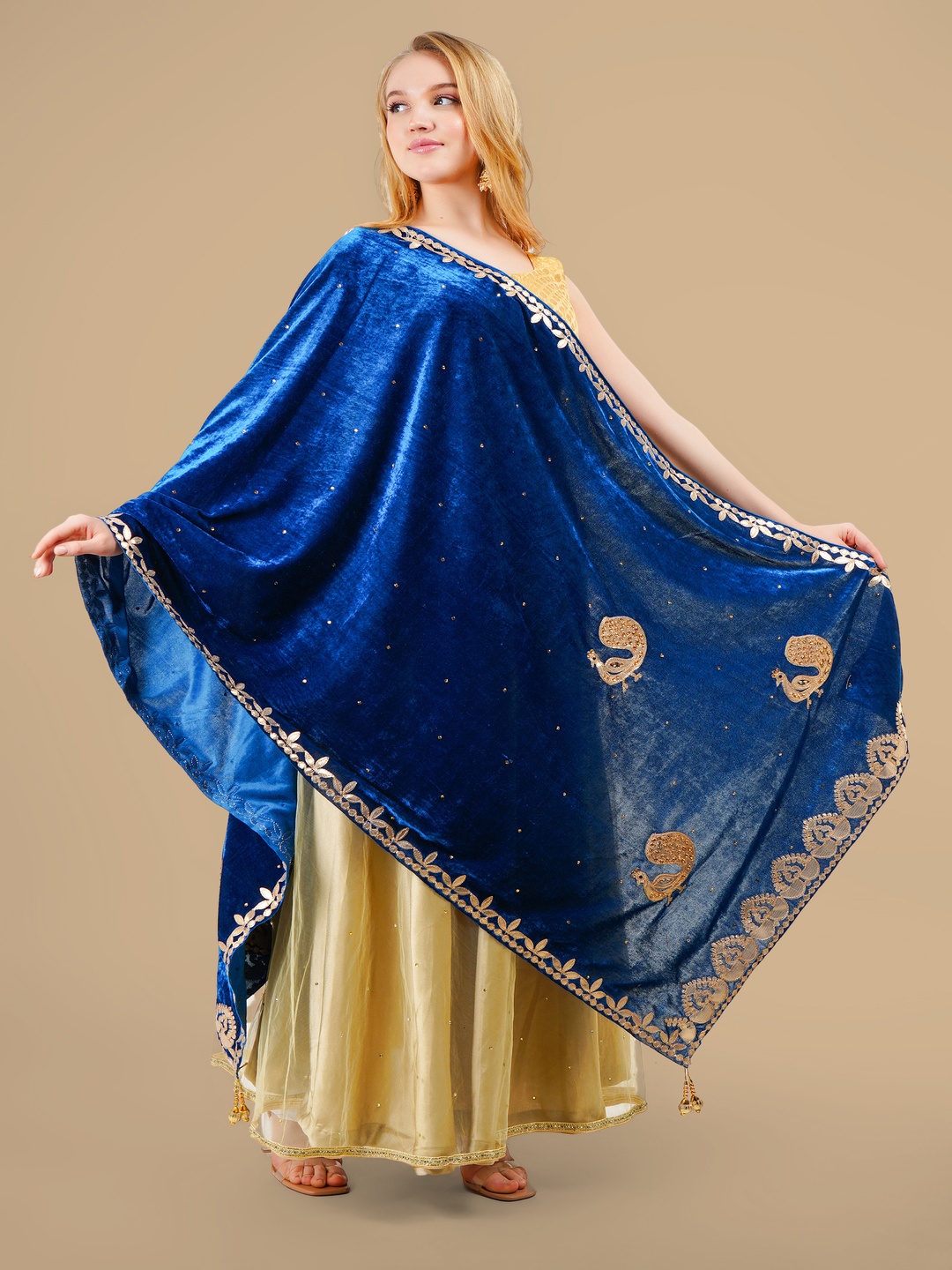 

Karthav Fashion Ethnic Motifs Embroidered Velvet Dupatta With Gotta Patti, Blue