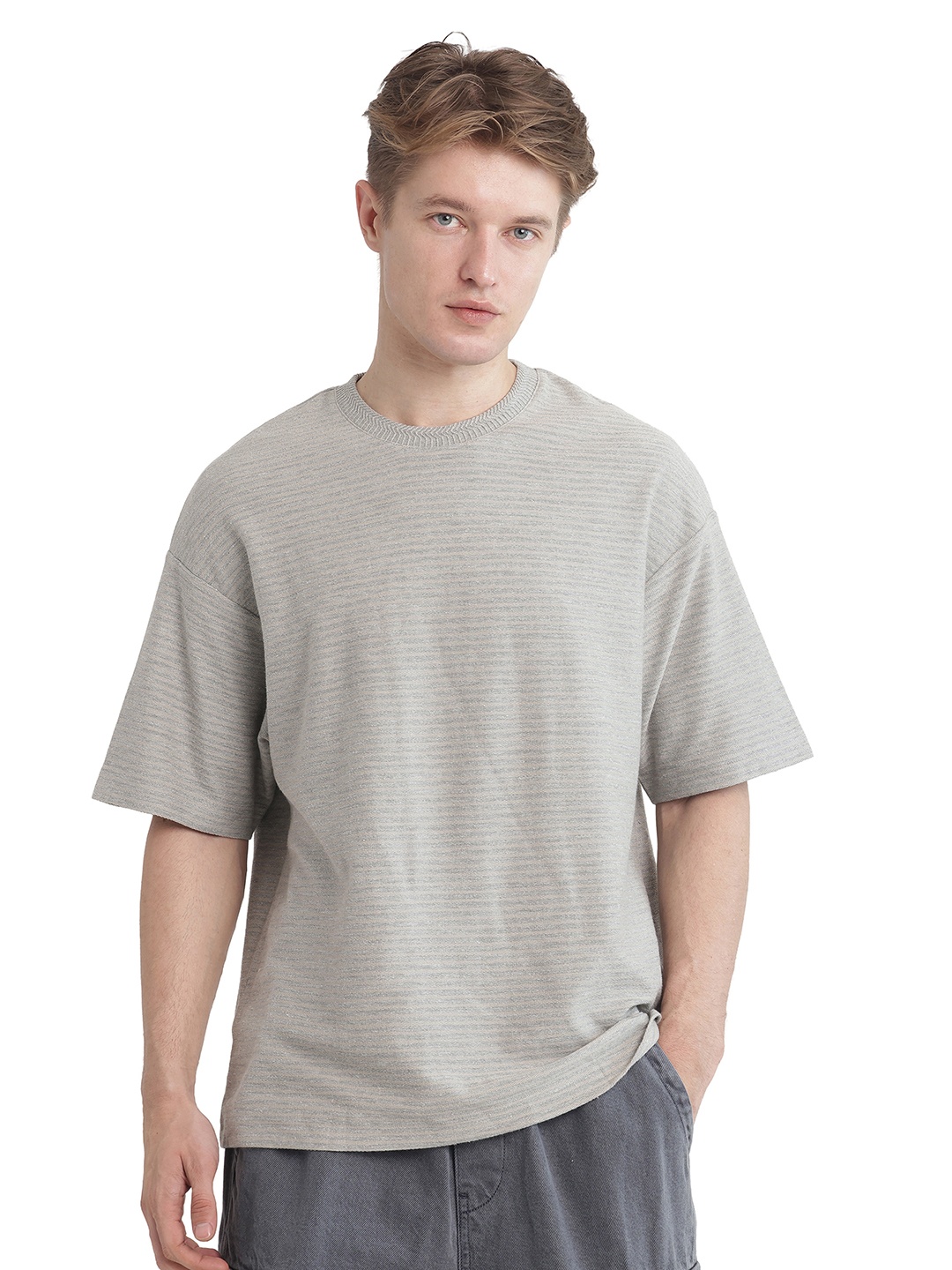 

RARE RABBIT Men Striped Round Neck Cotton Oversized T-shirt, Grey melange