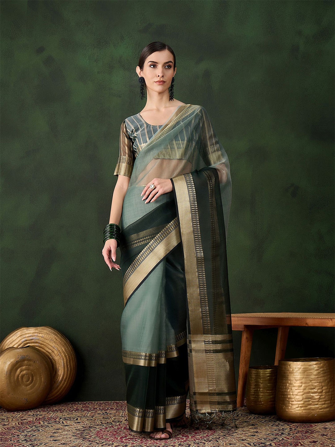 

KALINI Zari Organza Kanjeevaram Saree, Green