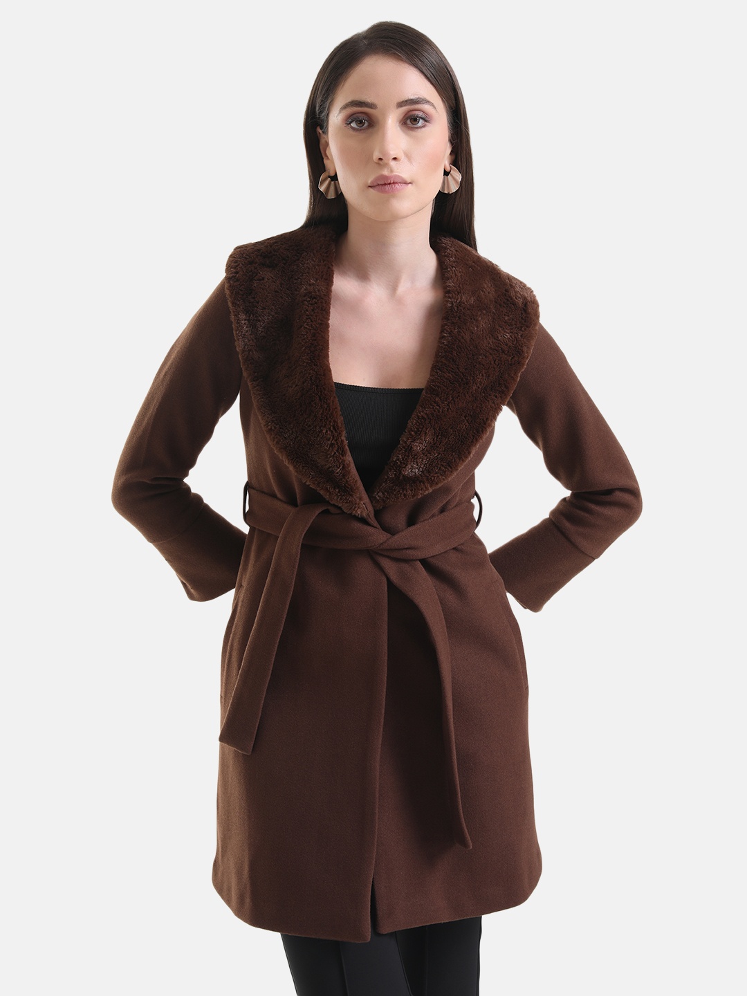 

Kazo Long Overcoat With Fur Collar, Brown