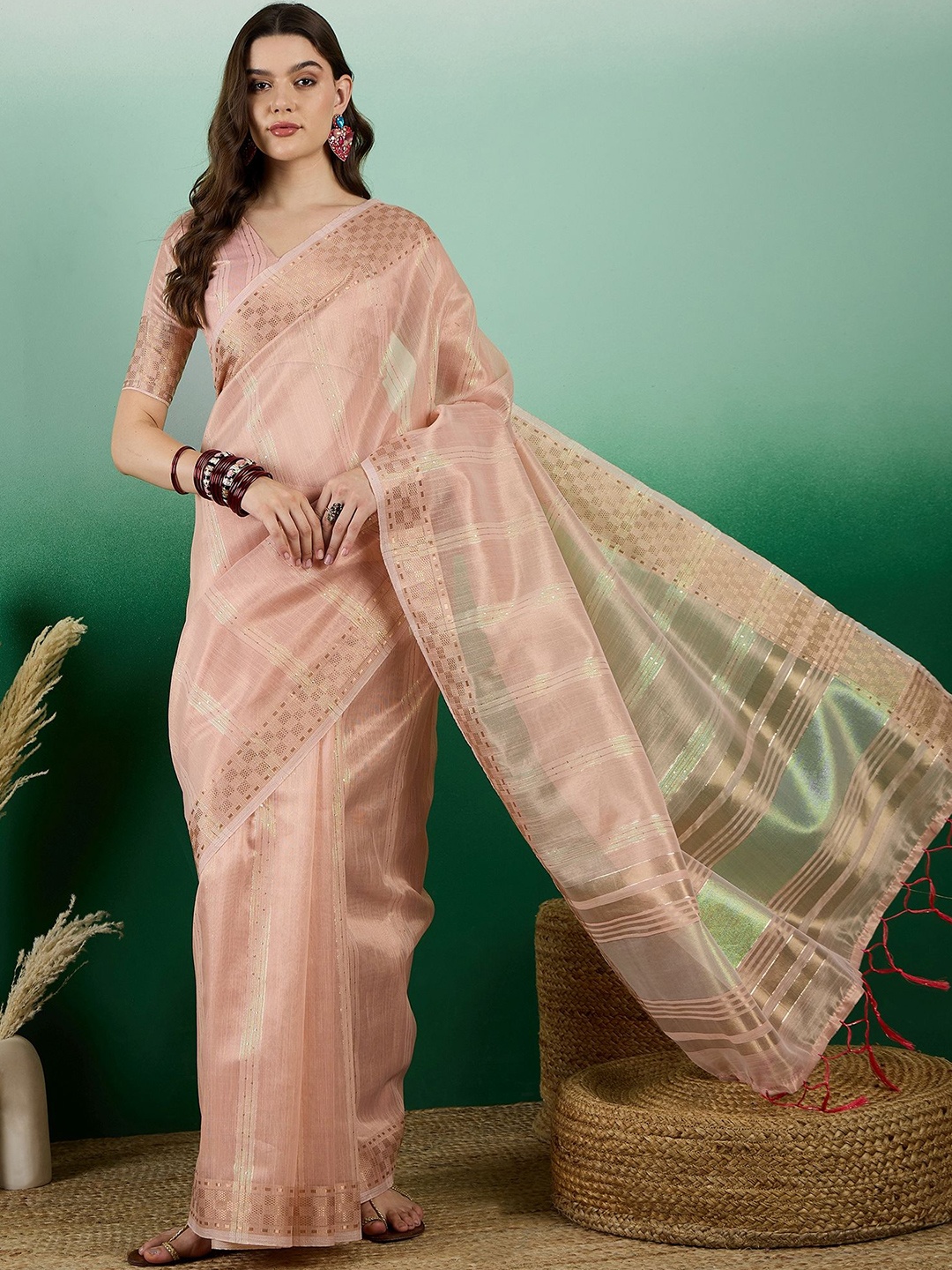 

KALINI Striped Sequinned Organza Kanjeevaram Saree, Peach