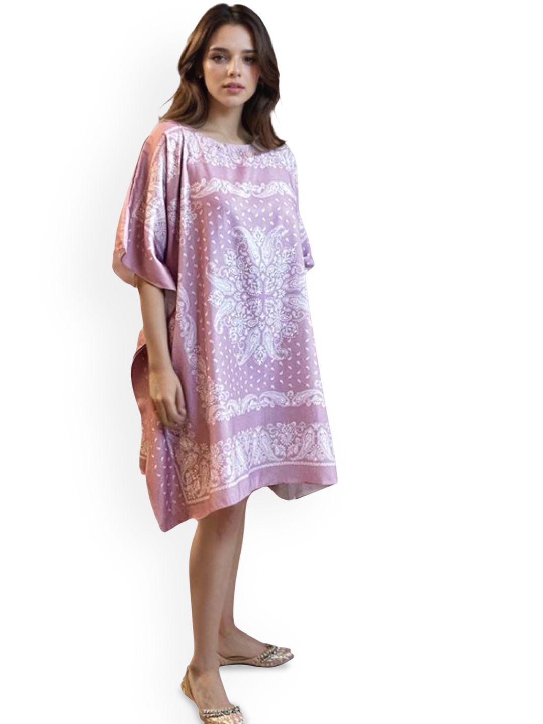 

MAATIR DESIGNS Floral Printed Knee Length Kaftan Dress, Rose
